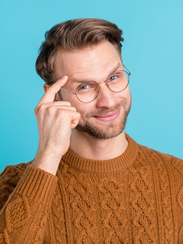 Photo,Of,Smart,Happy,Cool,Charming,Man,Hold,Finger,Temple