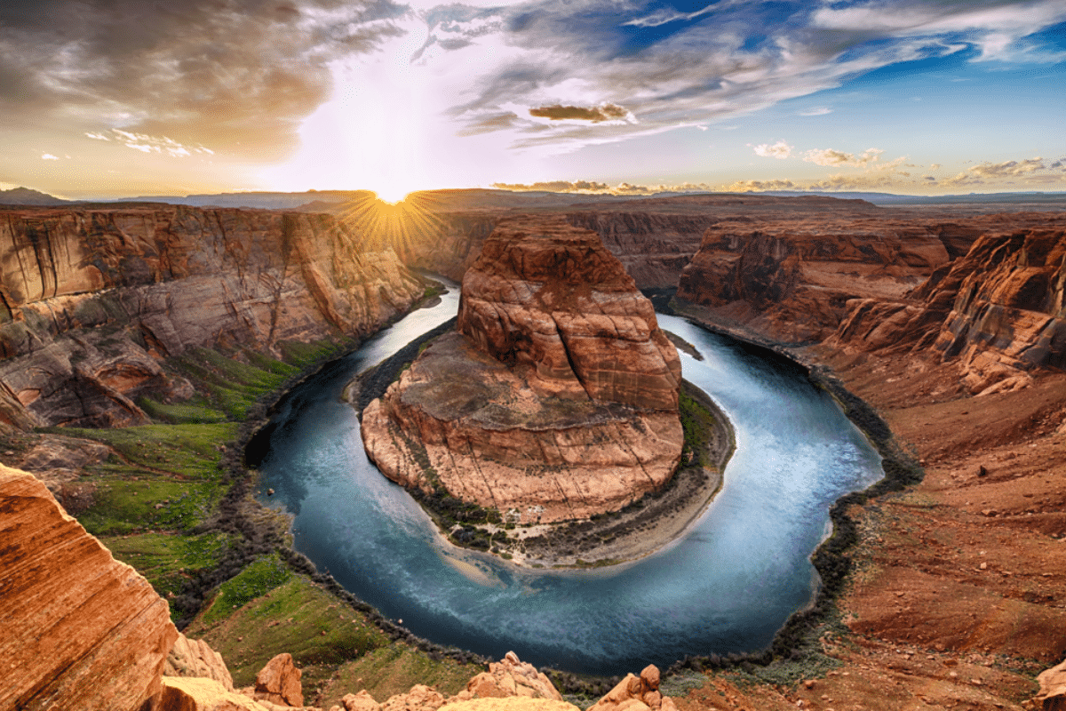 Sunset moment at Horseshoe bend Grand Canyon National Park. Colorado River. famous view point.