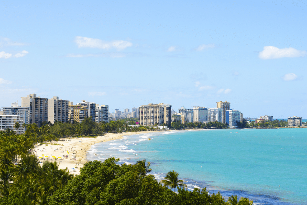 Beach and hotels in Puerto Rico.