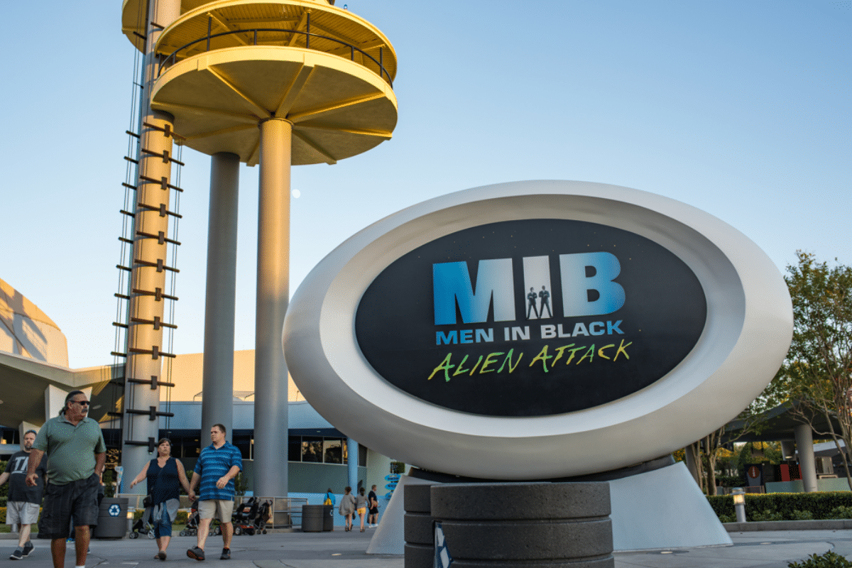 Men in Black Alien Attack ride sign at Universal Studios Florida.