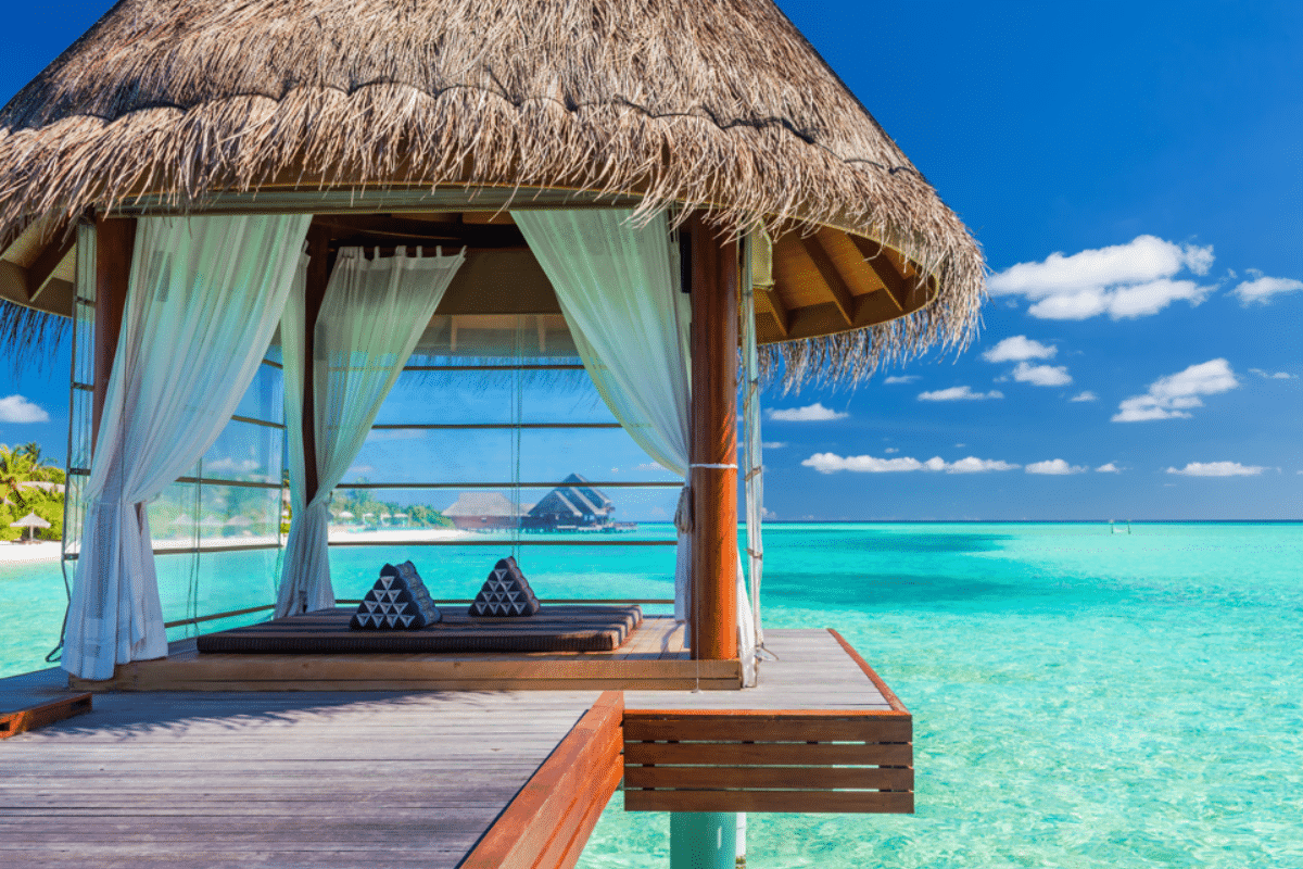 Overwater luxurious spa in the tropical blue lagoon of Maldives