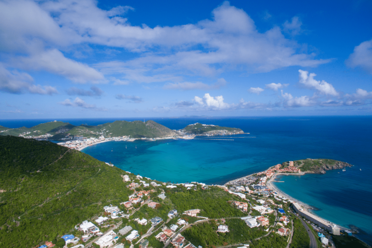 High aerial view of philipsburg and divi little bay on st.maarten.