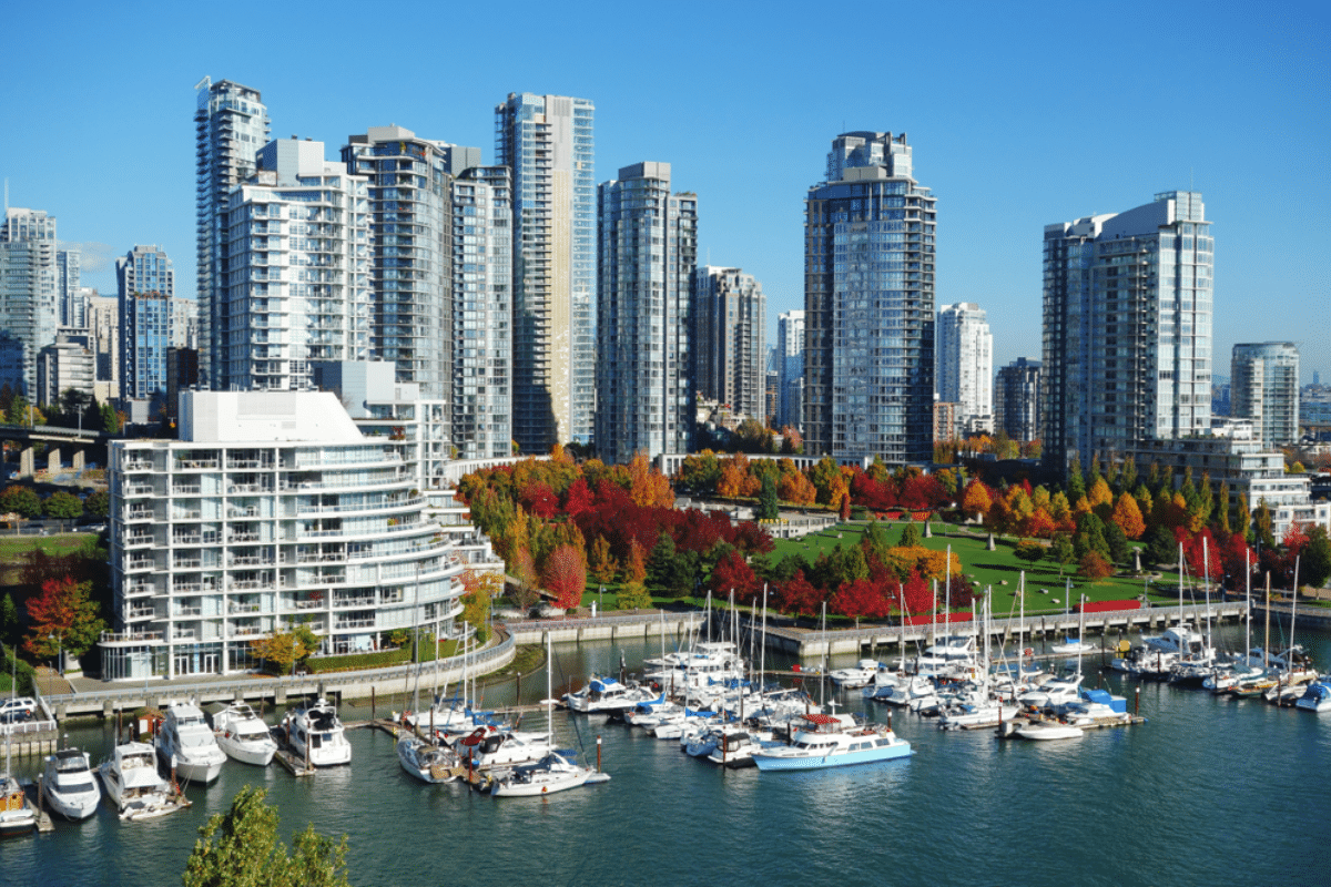 Autumn landscape of false creek in Vancouver downtown, BC, Canada